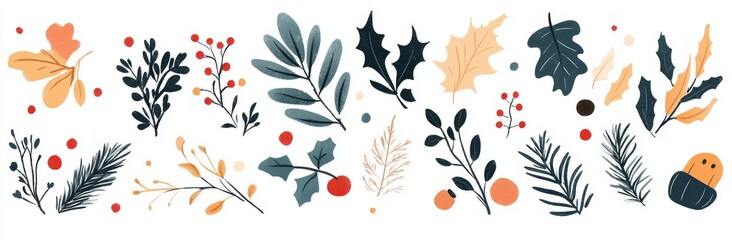 This set of Christmas elements is designed for typographic design. It includes leaves, branches, berries, pine cones, and a round frame for wreaths.