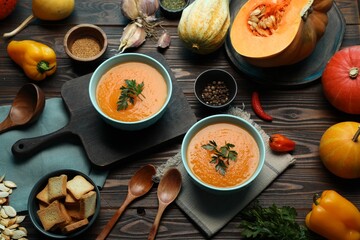 Delicious pumpkin soup and products on wooden table, above view