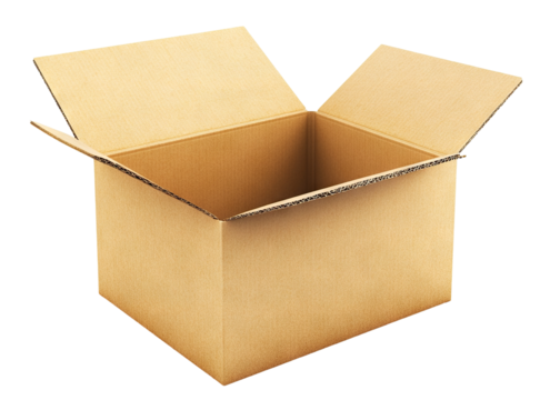 Open cardboard box with flaps, isolated on transparent cutout background