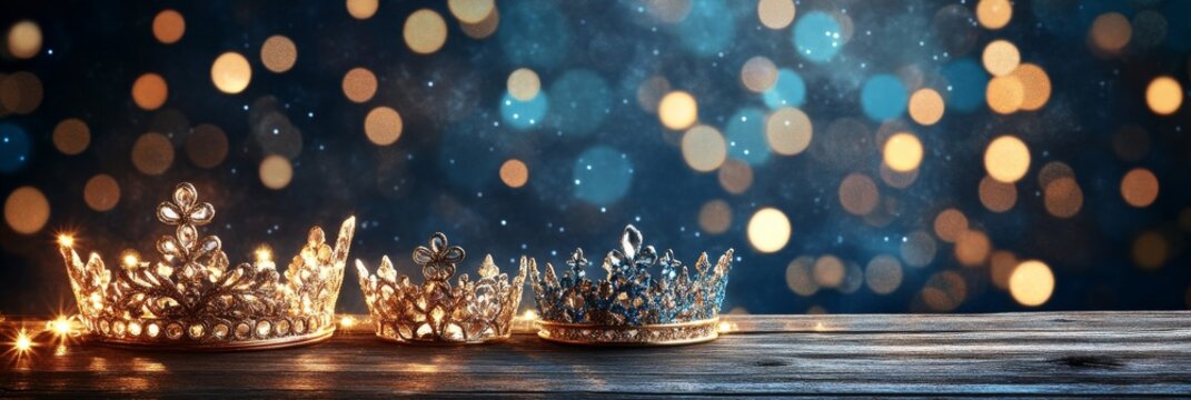 This bokeh wallpaper banner shows three golden crowns on a blurred background, which is reminiscent of the Three Wise Men of Epiphany Day.