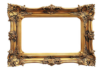 Ornate antique gold picture frame with intricate details, isolated on transparent cutout background