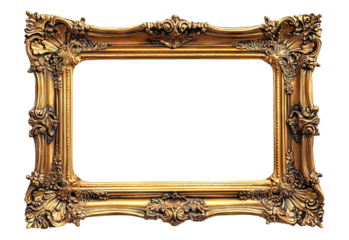Ornate antique gold picture frame with intricate details, isolated on transparent cutout background