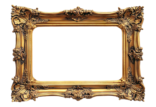 Ornate antique gold picture frame with intricate details, isolated on transparent cutout background
