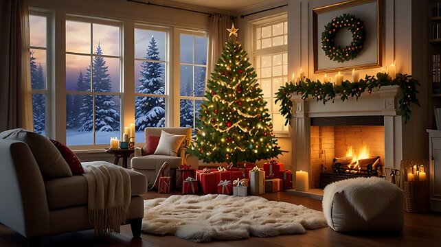 Christmas wishing decoration with Glowing fireplace, hearth, tree. Red stockings. Gifts and decorations.