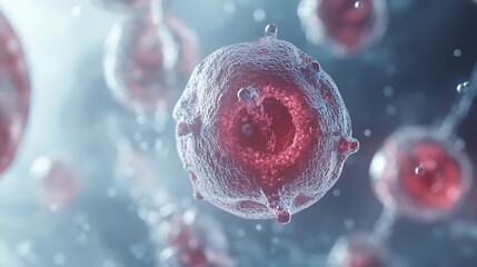  Human stem cell therapy research in 3D: Explore cellular biology, cancer treatment, DNA, nucleus, and protein. Highlighting molecular division for medical biotechnology. 