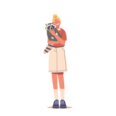 Young Woman Happily Holds A Cute Raccoon In Her Arms. Cartoon Vector Illustration Captures A Joyful Interaction