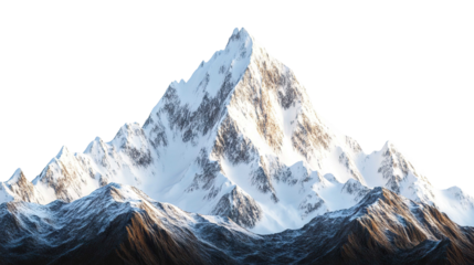 Majestic snow-capped mountain peak with sunlight, isolated on transparent cutout background