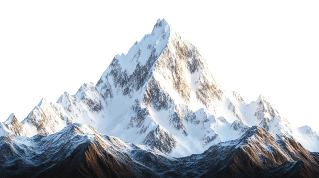 Majestic snow-capped mountain peak with sunlight, isolated on transparent cutout background