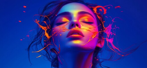 This portrait shows a gorgeous young Asian woman with perfect skin and gorgeous appearance with bright red lips against a blue wall.