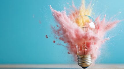 An incandescent light bulb emits a burst of vibrant, colorful powder against a light blue backdrop, symbolizing creativity, innovation, and dynamic ideas.