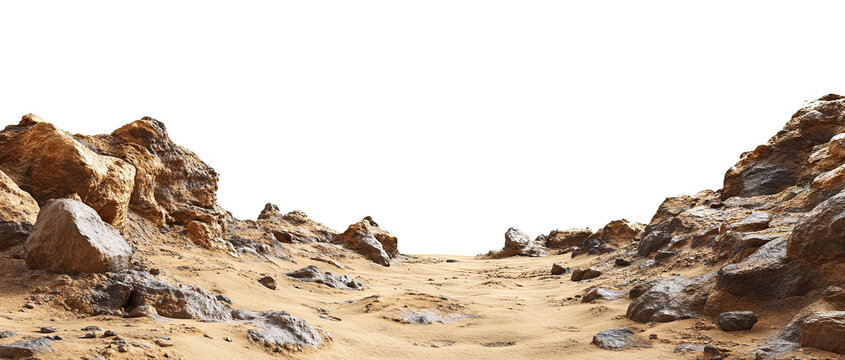 Rocky Martian landscape with sandy terrain, isolated on transparent cutout background