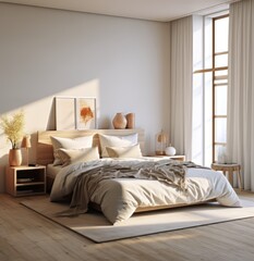 Cozy and modern bedroom with natural light during late afternoon