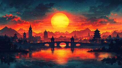 Iconic Landmarks at Sunset in Vibrant Colors