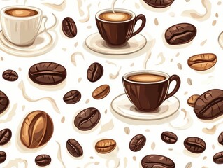 Obraz premium Seamless showcasing a minimalist stylized pattern of coffee cups roasted coffee beans and swirls of steam creating a cozy and inviting atmosphere perfect for cafes coffee shops