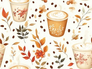 Elegant and inviting pattern featuring artfully crafted coffee cups showcasing intricate floral latte art  accompanied by scattered coffee beans and autumn leaves in a warm  cozy color palette