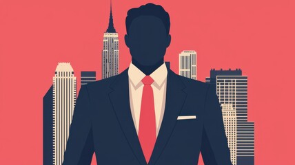 A silhouetted businessman in a suit stands confidently against a stylized city skyline, evoking themes of ambition and success.