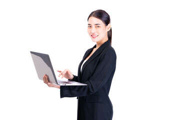 Professional young business woman in a black suit confidently holding and working on a laptop, symbolizing modern business, technology, and corporate professionalism.