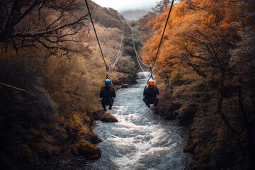 A couple riding side by side on dual zip-lines, racing over a river flowing through a dense forest.