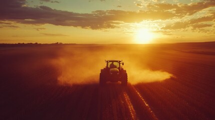 Fototapeta premium Tractor Sunset Field.