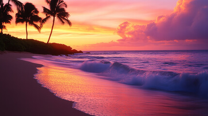 Tranquil Sunset Beach with Palm Tree Silhouettes and Soft Waves