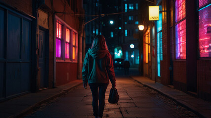 Young woman walking home alone at night in the dark street, concept of insecurity and fear of walking alone at night