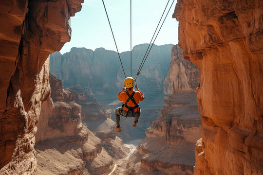 A solo rider on a zip-line passing through a narrow canyon, framed by towering cliffs.