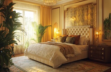 Luxurious Bedroom Interior Design with Golden Accents and Plants