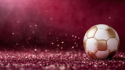 Fototapeta premium A golden-hued soccer ball placed against a rich, sparkling maroon background, casting a magical, shimmering effect ideal for sports and celebration themes.