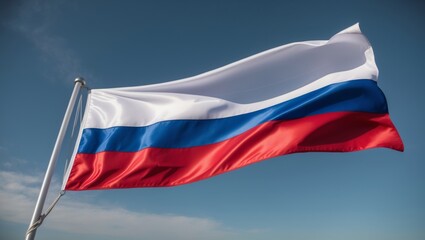 The Russian national flag is waving against a clear blue sky