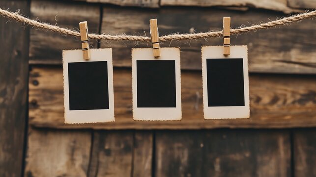 Three empty vintage photo frames hanging on a rope against a rustic wooden background, perfect for displaying personal memories or artistic designs.
