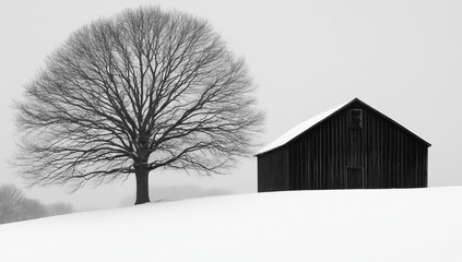 There is a minimalist haunted house outline in the upper right third, framed by a stark white background
