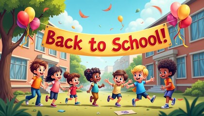 Obraz premium Happy children run towards a school building with a Back to School! banner, celebrating the start of the school year