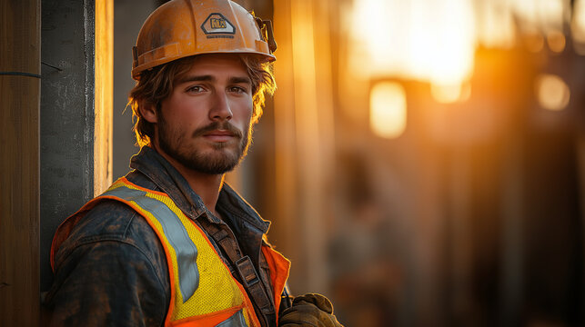 portrait of a construction worker wearing vest and hard hat, industry concept 