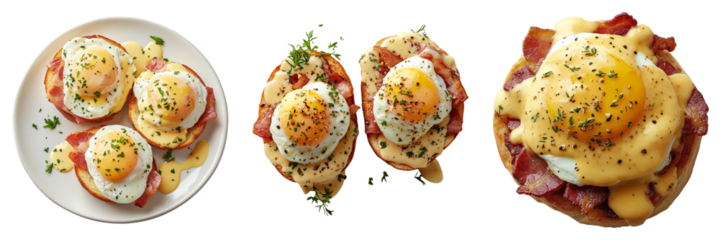 Eggs benedict dishes with fresh herbs and sauce isolated on transparent background ideal for breakfast-themed illustrations or food advertisements