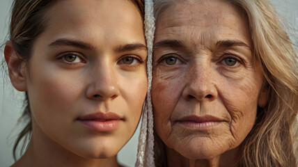 half young and old female faces side by side, generational contrast and aging on a close-up portrait
