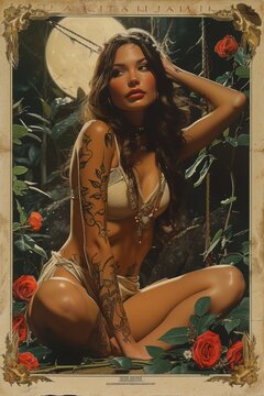 Portrait of a woman in lingerie with tattoo in retro style