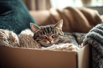 A cozy tabby cat enjoys a peaceful nap in a soft box. The warm blankets create a comforting atmosphere. Perfect for cat lovers and pet enthusiasts. Generative AI