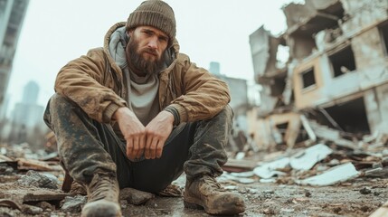 A bearded man in a beanie sits amidst post-apocalyptic scenery, embodying determination and solitude, with a backdrop of destruction and emptiness around him.