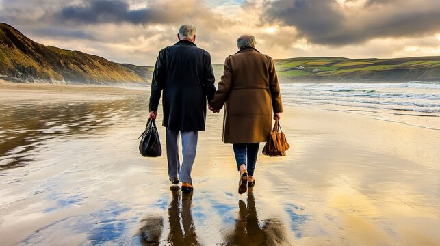 Walking along a beach with an older couple and illustrating a calm lifestyle. International Day of Older Persons. - Powered by Adobe
