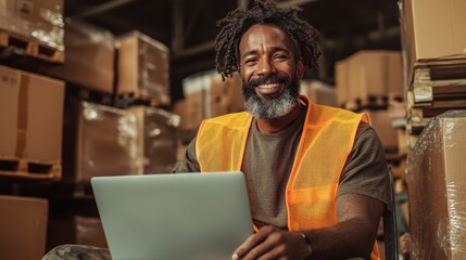 Obraz premium A content warehouse employee in an orange reflective vest works on a laptop among boxes, embodying satisfaction and professionalism in a busy work setting.