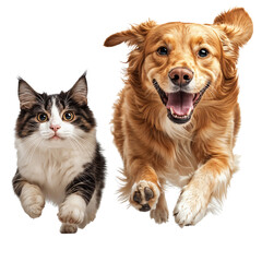 Fototapeta premium Cat and a dog running and playing together, friendship animals isolated on white background