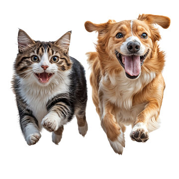 Golden retriever puppy and tabby cat running and playing together, friendship animals isolated on white background