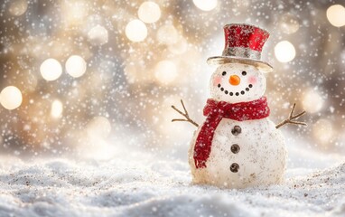 Fototapeta premium A cheerful snowman with a red scarf and top hat stands in a snowy landscape, surrounded by twinkling lights and falling snow.