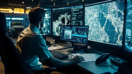 Dispatcher Overseeing Truck Fleet on Live Map Display for Coordinated Deliveries
