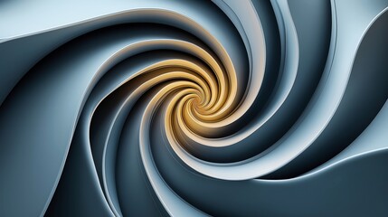 Fototapeta premium Abstract image with a swirling spiral pattern composed of curved, layered metallic surfaces in shades of blue and gold.