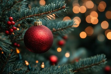 A vibrant red ornament dangles from a pine tree branch, surrounded by softly glowing holiday lights. The setting captures the cozy ambiance of December festivities, creating a warm, inviting atmospher