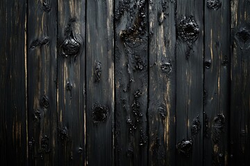 Fototapeta premium Burnt wood texture. Black charcoal background for design. Wooden wall damaged by fire. 