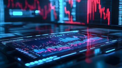 Futuristic Holographic Business Table with Market Data Display