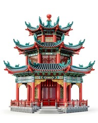 Fototapeta premium Intricate Chinese Temple with Carved Red Pillars Isolated on White Background