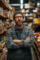 Fototapeta premium The shopkeeper, wearing a beanie and glasses, stands with arms crossed in his grocery store, surrounded by shelves filled with various jars and products. The atmosphere is warm, highlighting his exper